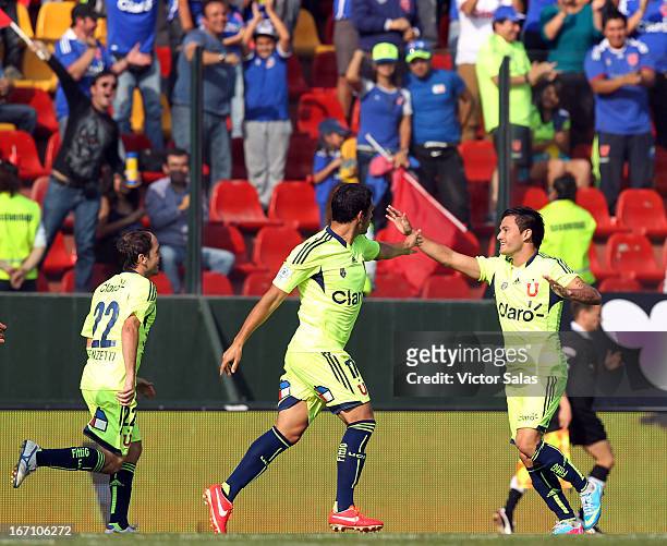 Isaac Diaz, of Universidad de Chile, celebrates a scored goal during a match between Universidad de Chile and O'Higgins as part of the Torneo...