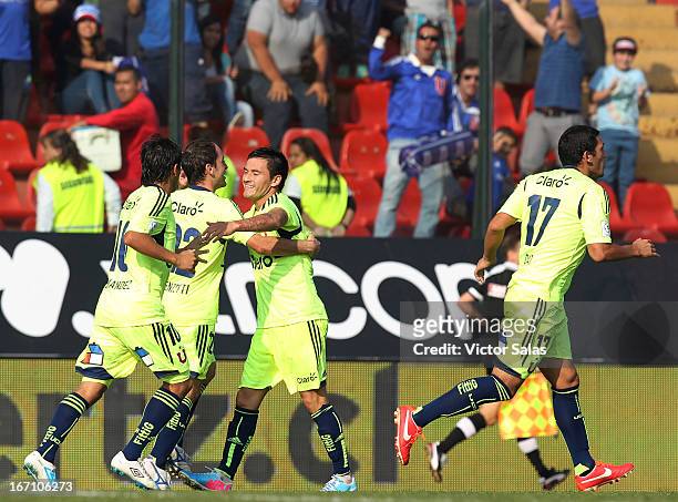 Players of Universidad de Chile, celebrates a scored goal during a match between Universidad de Chile and O'Higgins as part of the Torneo Transicion...