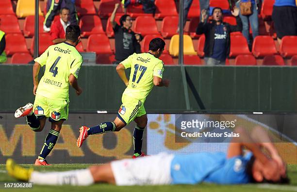 Isaac Diaz, of Universidad de Chile, celebrates a scored goal during a match between Universidad de Chile and O'Higgins as part of the Torneo...