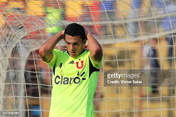 Isaac Diaz, of Universidad de Chile, gestures during a match between Universidad de Chile and O'Higgins as part of the Torneo Transicion 2013 at...