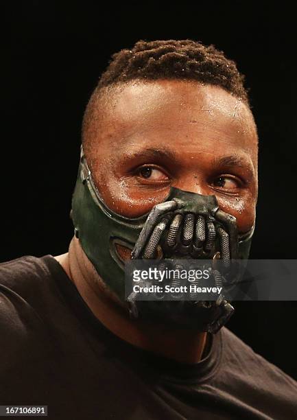 Derek Chisora wears a 'Bane' style mask prior to his International Heavyweight bout against Hector Avila at Wembley Arena on April 20, 2013 in...