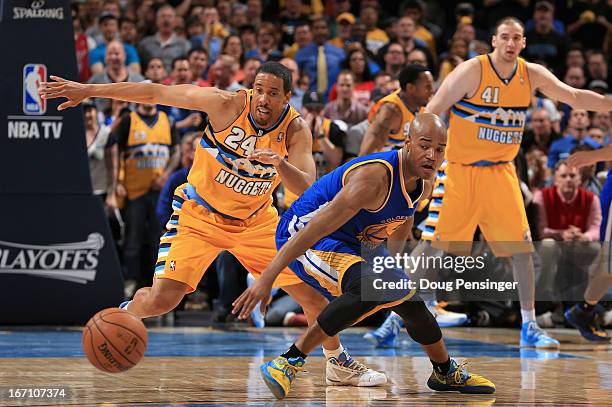 Andre Miller of the Denver Nuggets steals the ball from Jarrett Jack of the Golden State Warriors during Game One of the Western Conference...