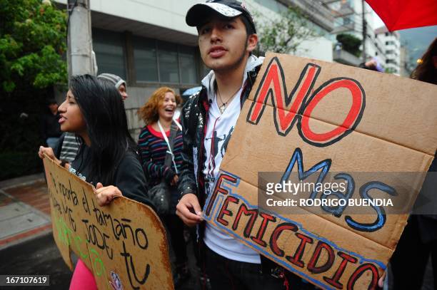 People take part in the "March of the Whores" along a street in northern Quito on April 20, 2013. Some 500 people took to the streets to protest...