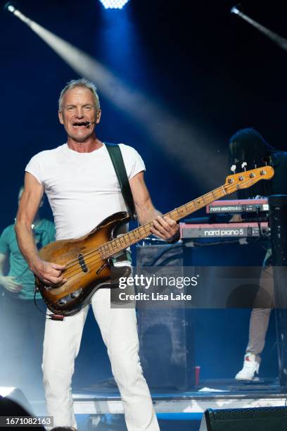 Singer Sting performs live on stage at Mann Center For Performing Arts on September 09, 2023 in Philadelphia, Pennsylvania.