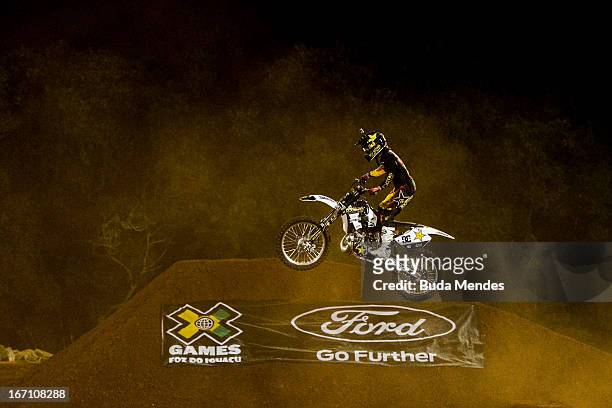 Bryce Hudson celebrates a victory during Moto X Step Up at the X Games on April 19, 2013 in Foz do Iguacu, Brazil.