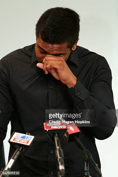 Julian Savea reads a statement to media about his assault charge during a press conference at Rugby League Park on April 21, 2013 in Wellington, New...