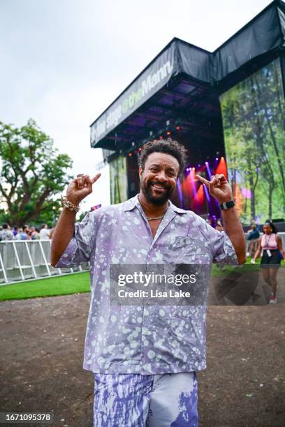 Singer Shaggy poses near stage at Mann Center For Performing Arts on September 09, 2023 in Philadelphia, Pennsylvania.