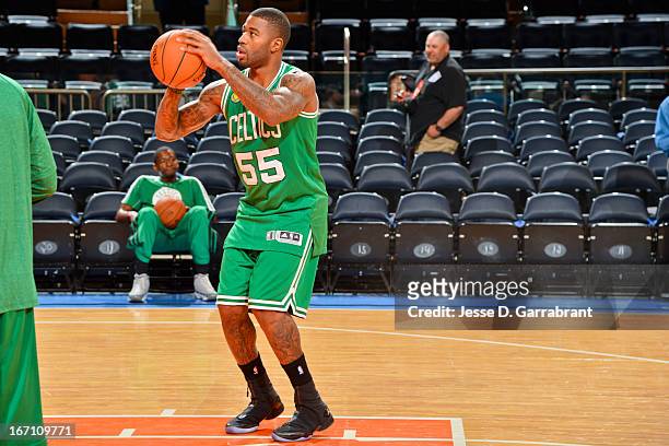 Terrence Williams of the Boston Celtics warms up before playing against the New York Knicks in Game One of the Eastern Conference Quarterfinals...