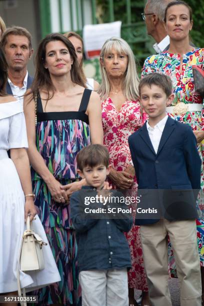 Charlotte Casiraghi-Rassam with sons Raphael Elmaleh and Balthazar Casiraghi- Rassam attend the traditional Monaco picnic on September 09, 2023 in...