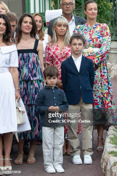 Charlotte Casiraghi-Rassam with sons Raphael Elmaleh and Balthazar Casiraghi- Rassam attend the traditional Monaco picnic on September 09, 2023 in...