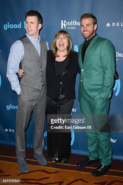Actors Chris Evans and Scott Evans with mother Lisa Evans arrive at the 24th Annual GLAAD Media Awards at JW Marriott Los Angeles at L.A. LIVE on...