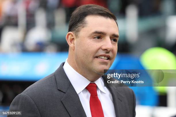 Jed York of the San Francisco 49ers stands on the field prior to an NFC Championship game against the Philadelphia Eagles at Lincoln Financial Field...