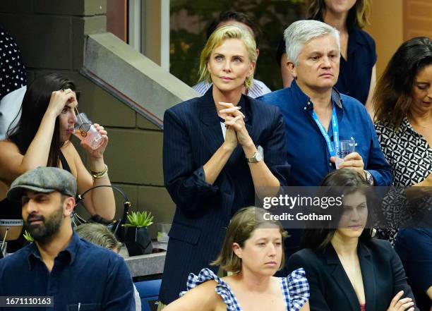Charlize Theron is seen at the Final game with Coco Gauff vs. Aryna Sabalenka at the 2023 US Open Tennis Championships on September 09, 2023 in New...