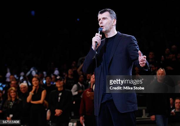 Brooklyn Nets Owner Mikhail Prokhorov speaks to the crowd prior to the game between the Brooklyn Nets and the Chicago Bulls during Game One of the...