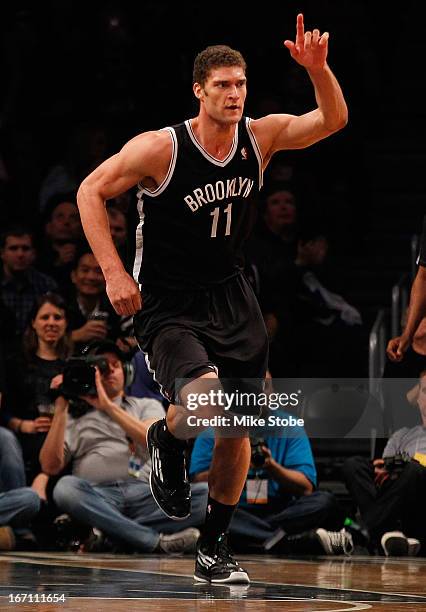 Brook Lopez of the Brooklyn Nets celebrates after hitting a basket against the Chicago Bulls during Game One of the Eastern Conference Quarterfinals...