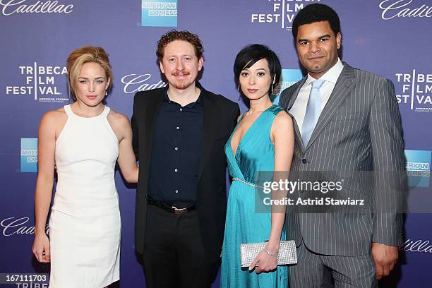 Actress Caity Lotz, director Caradog James, actress Pooneh Hajimohammadi and producer John Giwa-Amu attend the "The Machine" World Premiere during...