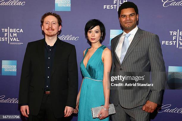 Director Caradog James, actress Pooneh Hajimohammadi and producer John Giwa-Amu attend the "The Machine" World Premiere during the 2013 Tribeca Film...