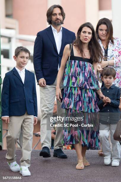 Dimitri Rassam, Charlotte Casiraghi-Rassam, Raphael Elmaleh and Balthazar Casiraghi- Rassam attend the traditional Monaco picnic on September 09,...