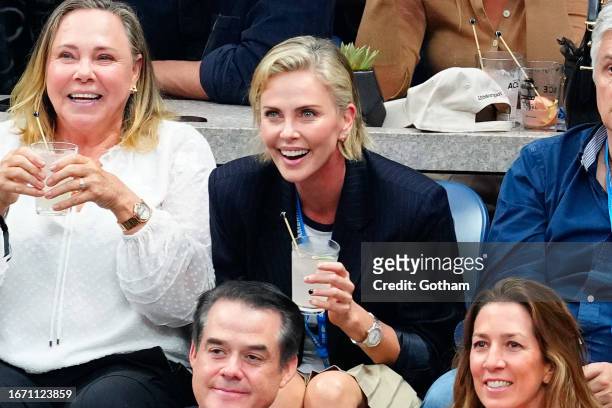 Charlize Theron is seen at the Final game with Coco Gauff vs. Aryna Sabalenka at the 2023 US Open Tennis Championships on September 09, 2023 in New...