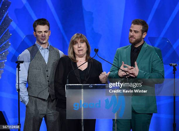 Actor Scott Evans, mother Lisa Evans, and actor Chris Evans attends the 24th Annual GLAAD Media Awards at JW Marriott Los Angeles at L.A. LIVE on...