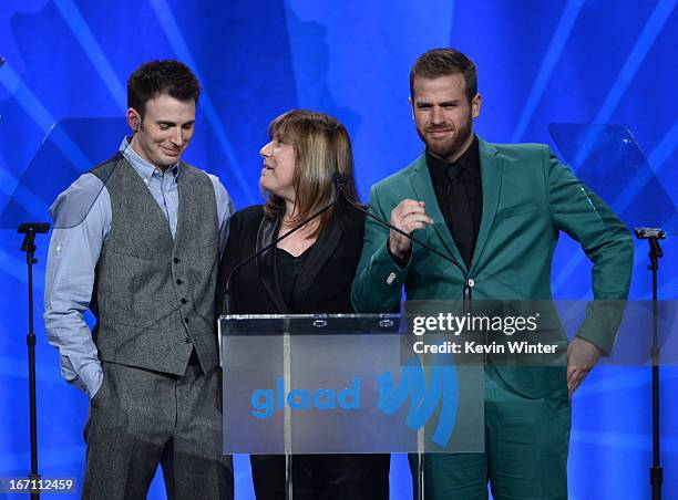 Actor Scott Evans, mother Lisa Evans, and actor Chris Evans attends the 24th Annual GLAAD Media Awards at JW Marriott Los Angeles at L.A. LIVE on...