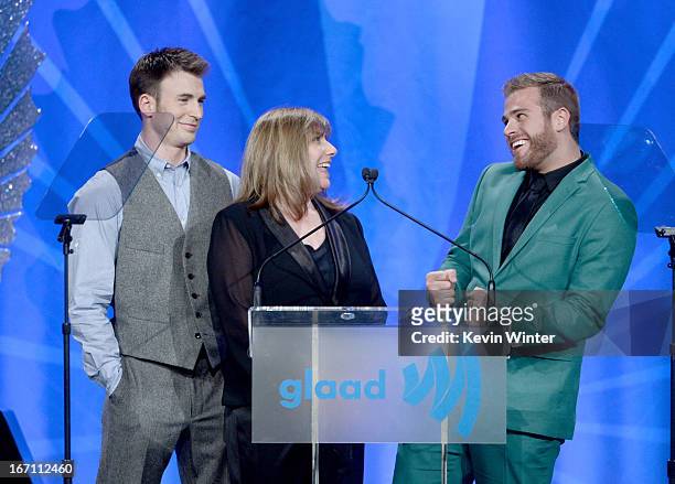 Actor Scott Evans, mother Lisa Evans, and actor Chris Evans attends the 24th Annual GLAAD Media Awards at JW Marriott Los Angeles at L.A. LIVE on...