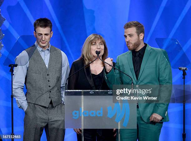 Actor Scott Evans, mother Lisa Evans, and actor Chris Evans attends the 24th Annual GLAAD Media Awards at JW Marriott Los Angeles at L.A. LIVE on...