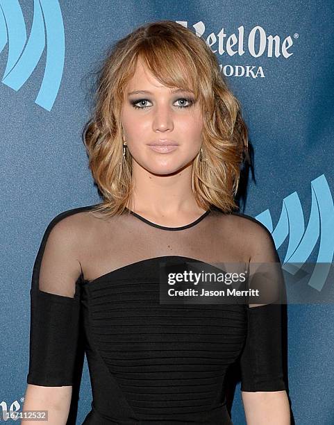 Actress Jennifer Lawrence attends the 24th Annual GLAAD Media Awards at JW Marriott Los Angeles at L.A. LIVE on April 20, 2013 in Los Angeles,...