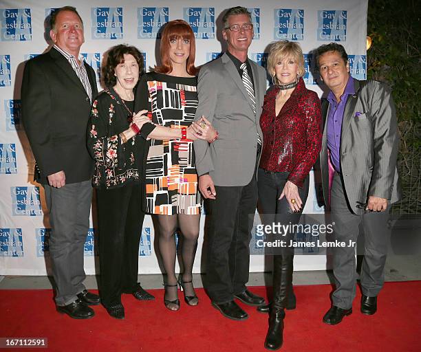 Jane Fonda, Miss Coco Peru and Lily Tomlin attend The L.A. Gay & Lesbian Center's Lily Tomlin/Jane Wagner Cultural Arts Center Presents Conversations...