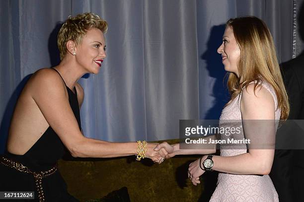 Actress Charlize Theron and Chelsea Clinton attend the 24th Annual GLAAD Media Awards at JW Marriott Los Angeles at L.A. LIVE on April 20, 2013 in...