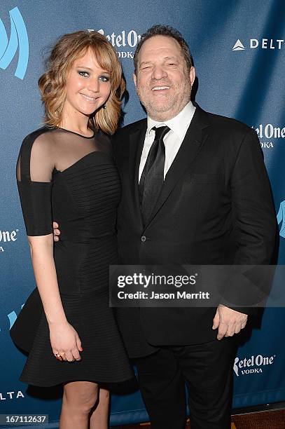 Actress Jennifer Lawrence and producer Harvey Weinstein attend the 24th Annual GLAAD Media Awards at JW Marriott Los Angeles at L.A. LIVE on April...