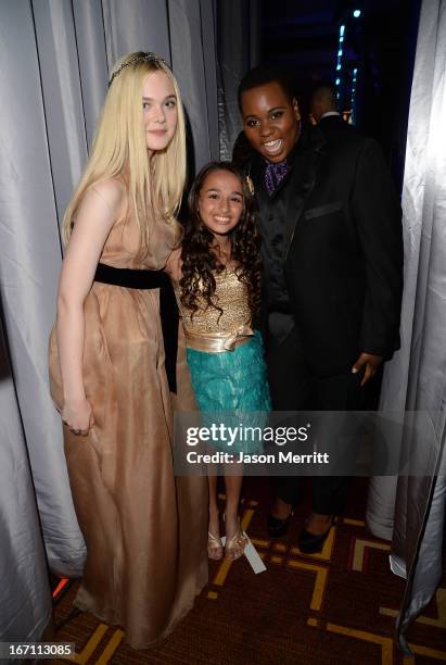 Actress Elle Fanning, Jazz Jennings and actor Alex Newell attend the 24th Annual GLAAD Media Awards at JW Marriott Los Angeles at L.A. LIVE on April...