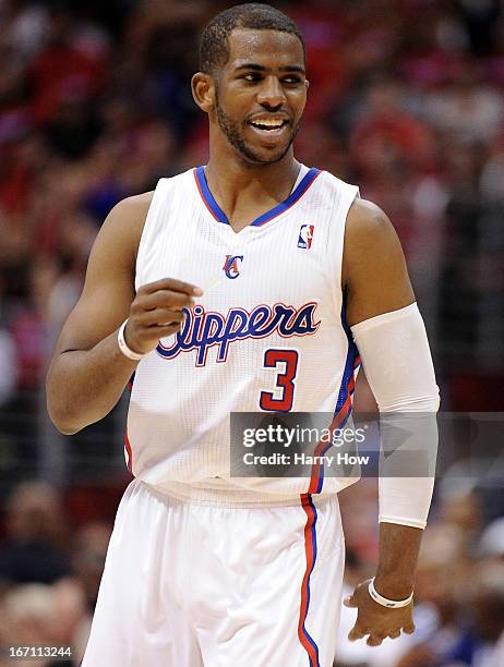 Chris Paul of the Los Angeles Clippers smiles during a 112-91 win over the Memphis Grizzlies during Game One of the Western Conference Quarterfinals...