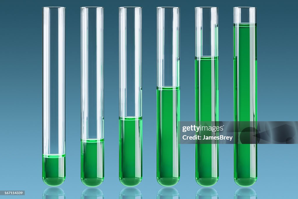 Positive Growth Bar Chart; Green Liquid in Test Tubes