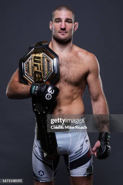 Sean Strickland poses for a portrait after his victory during the UFC 293 event at Qudos Bank Arena on September 10, 2023 in Sydney, Australia.