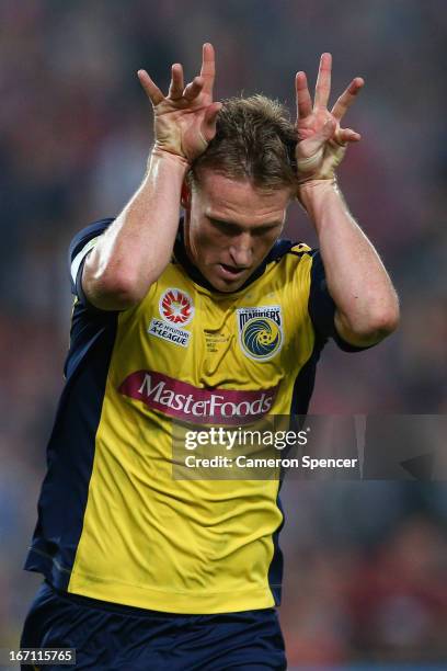 Daniel McBreen of the Mariners celebrates kicking a penalty goal during the A-League 2013 Grand Final match between the Western Sydney Wanderers and...