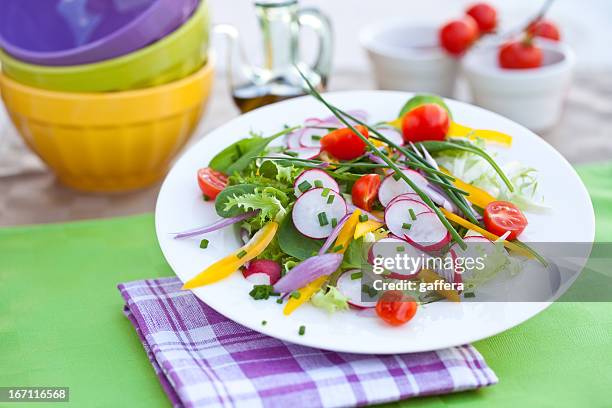 plate of salad - radijs stockfoto's en -beelden