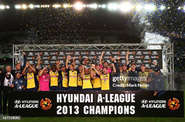 The Mariners celebrate winning the A-League 2013 Grand Final match between the Western Sydney Wanderers and the Central Coast Mariners at Allianz...