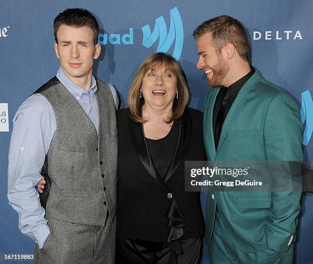 Actor Chris Evans, mom Lisa Evans and brother Scott Evans arrive at the 24th Annual GLAAD Media Awards at JW Marriott Los Angeles at L.A. LIVE on...