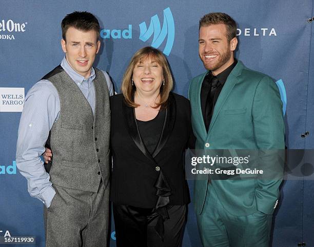 Actor Chris Evans, mom Lisa Evans and brother Scott Evans arrive at the 24th Annual GLAAD Media Awards at JW Marriott Los Angeles at L.A. LIVE on...