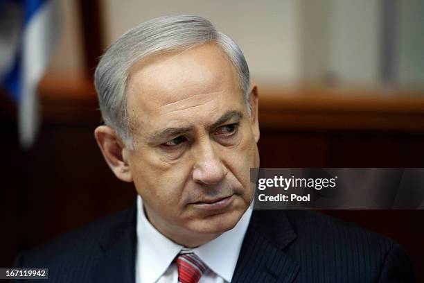 Israel's Prime Minister Benjamin Netanyahu looks on as he leads the weekly cabinet meeting on April 21, 2013. In Jerusalem, Israel. According to...