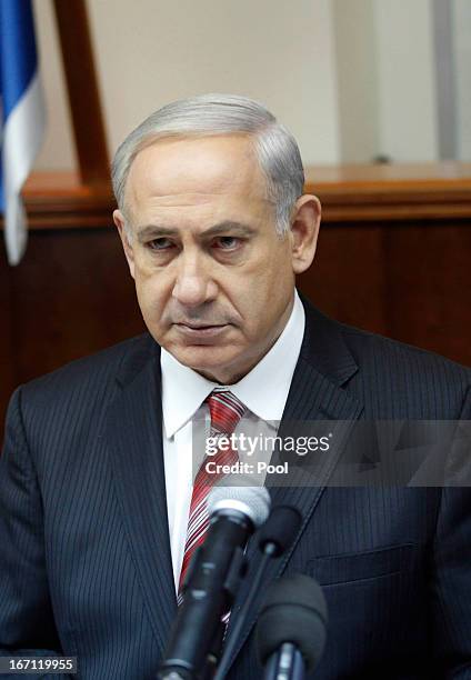 Israel's Prime Minister Benjamin Netanyahu looks on as he leads the weekly cabinet meeting on April 21, 2013. In Jerusalem, Israel. According to...