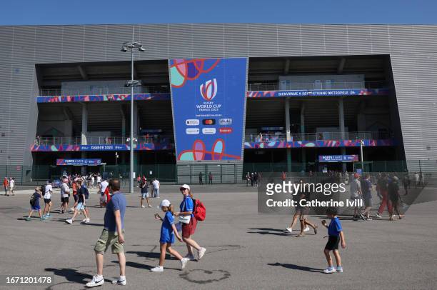 General view of signage outside the stadium ahead of the Rugby World Cup France 2023 match between Italy and Namibia at Stade Geoffroy-Guichard on...