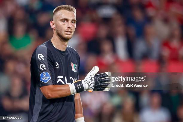 Goalkeeper Jasper Cillessen of NEC coaches his teammates during the Dutch Eredivisie match between PSV and NEC at Philips Stadion on September 16,...