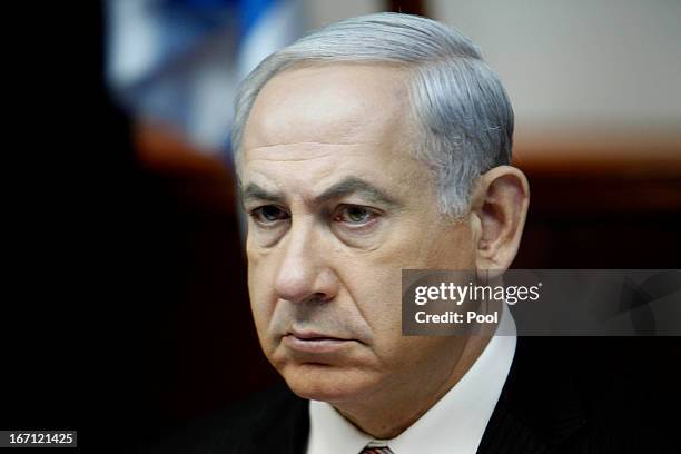 Israel's Prime Minister Benjamin Netanyahu looks on as he leads the weekly cabinet meeting on April 21, 2013. In Jerusalem, Israel. According to...