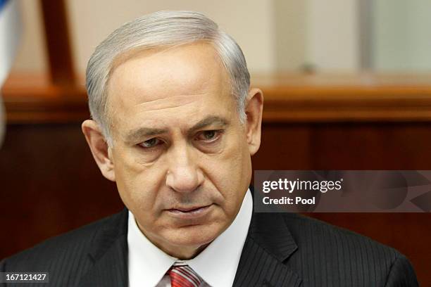 Israel's Prime Minister Benjamin Netanyahu looks on as he leads the weekly cabinet meeting on April 21, 2013. In Jerusalem, Israel. According to...