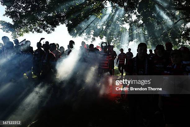 Western Sydney Wanderers fans walk to the stadium before the A-League 2013 Grand Final match between the Western Sydney Wanderers and the Central...