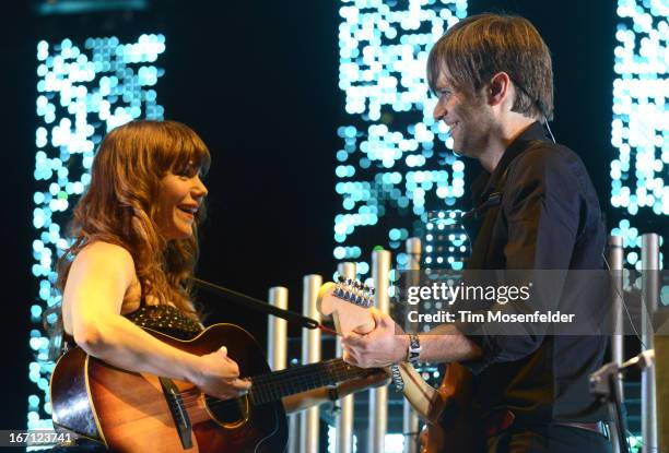 Jenny Lewis and Ben Gibbard of The Postal Service perform as part of the 2013 Coachella Valley Music & Arts Festival at the Empire Polo Field on...