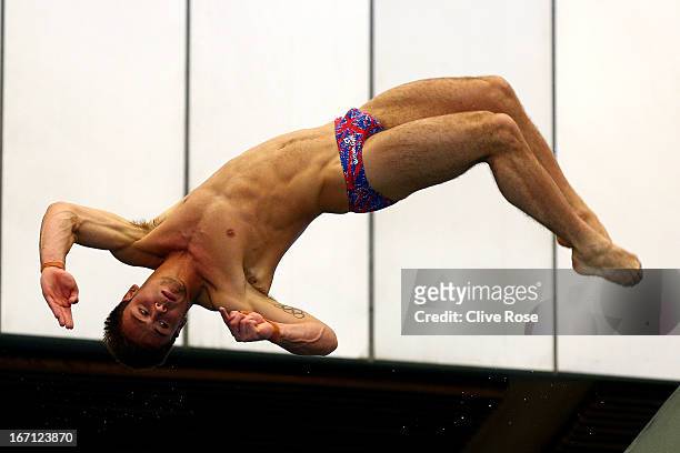 Tom Daley of Great Britain competes in the Men's 10m Platform preliminary during day three of the FINA/Midea Diving World Series 2013 at the Royal...