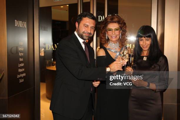 Damiani Group Vice-President Giorgio Damiani, Italian actress Sophia Loren and Ms Alessandra Schiavo Consul General of Italy attend Damiani flagship...